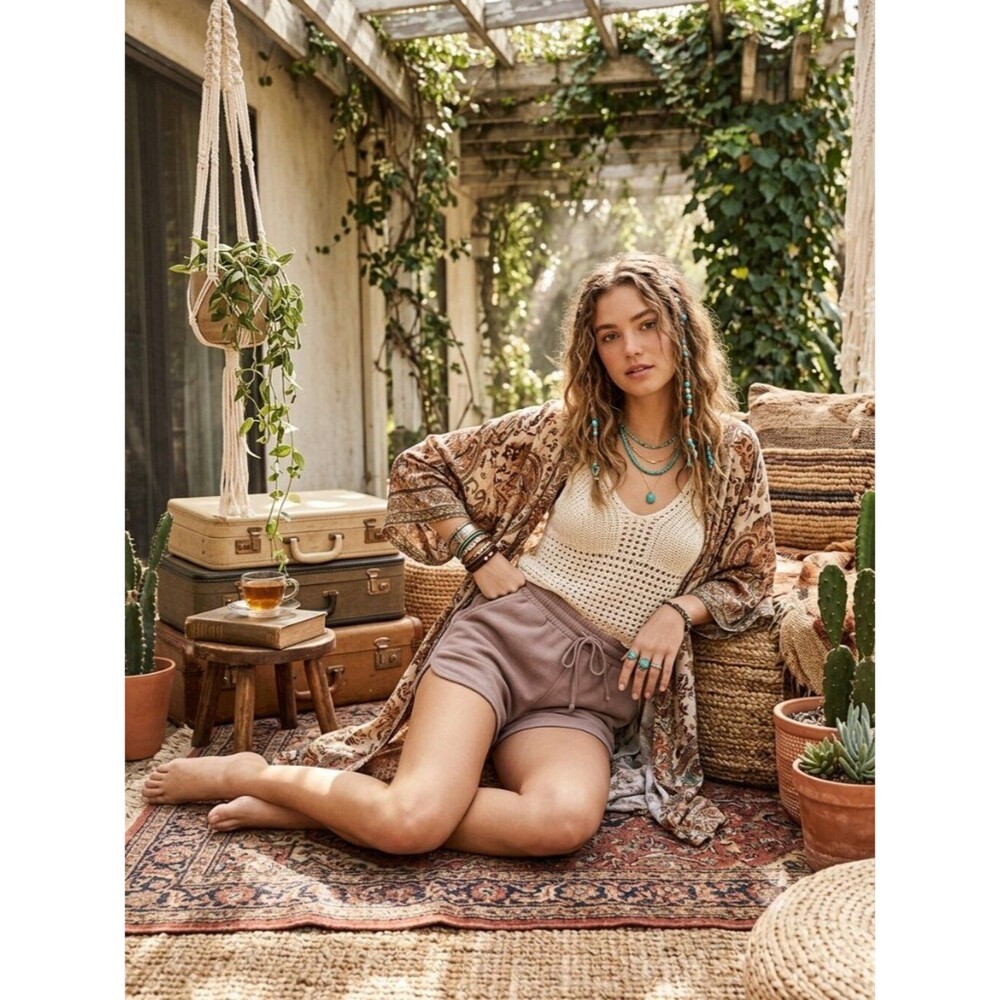 Cover Stitched Taupe Shorts Elastic Waist Drawstring